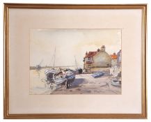 Jack Cox (1914 – 2007), watercolour, Fishing boats at rest, possibly Wells next the Sea, 24 x 33cm