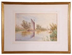 William Edward Mayes (1861-1952), Broadland view with wherry, 22 x 32cm