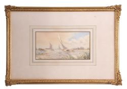 S J Batchelder (1849 - 1932), watercolour, Broads scene, 13 x 25cm