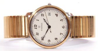 Gold plated and steel quartz centre seconds calendar wrist watch, Eterna, the quartz movement to