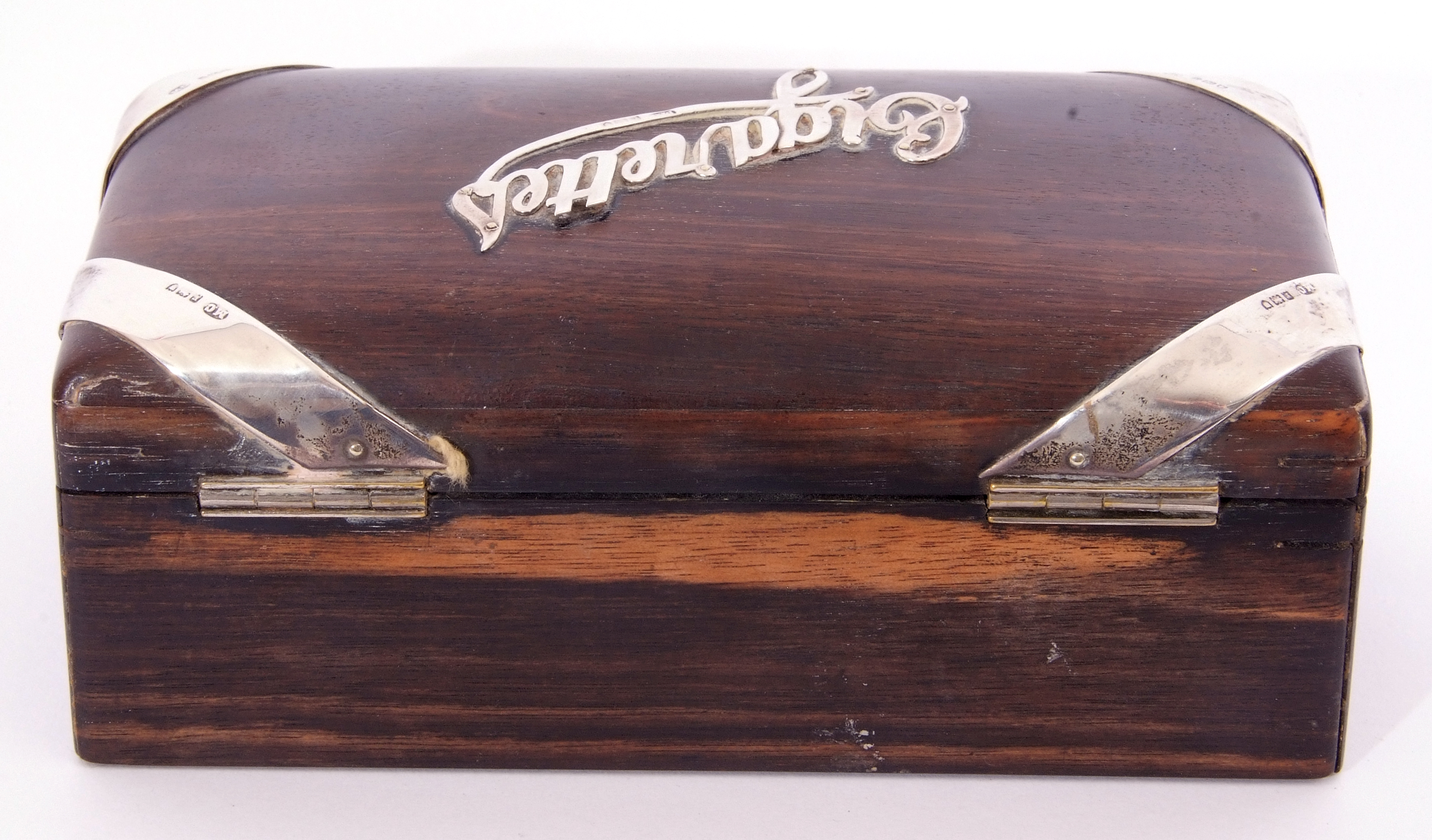 Hardwood and silver mounted table cigarette box of rectangular domed form, the centre applied with - Image 4 of 4