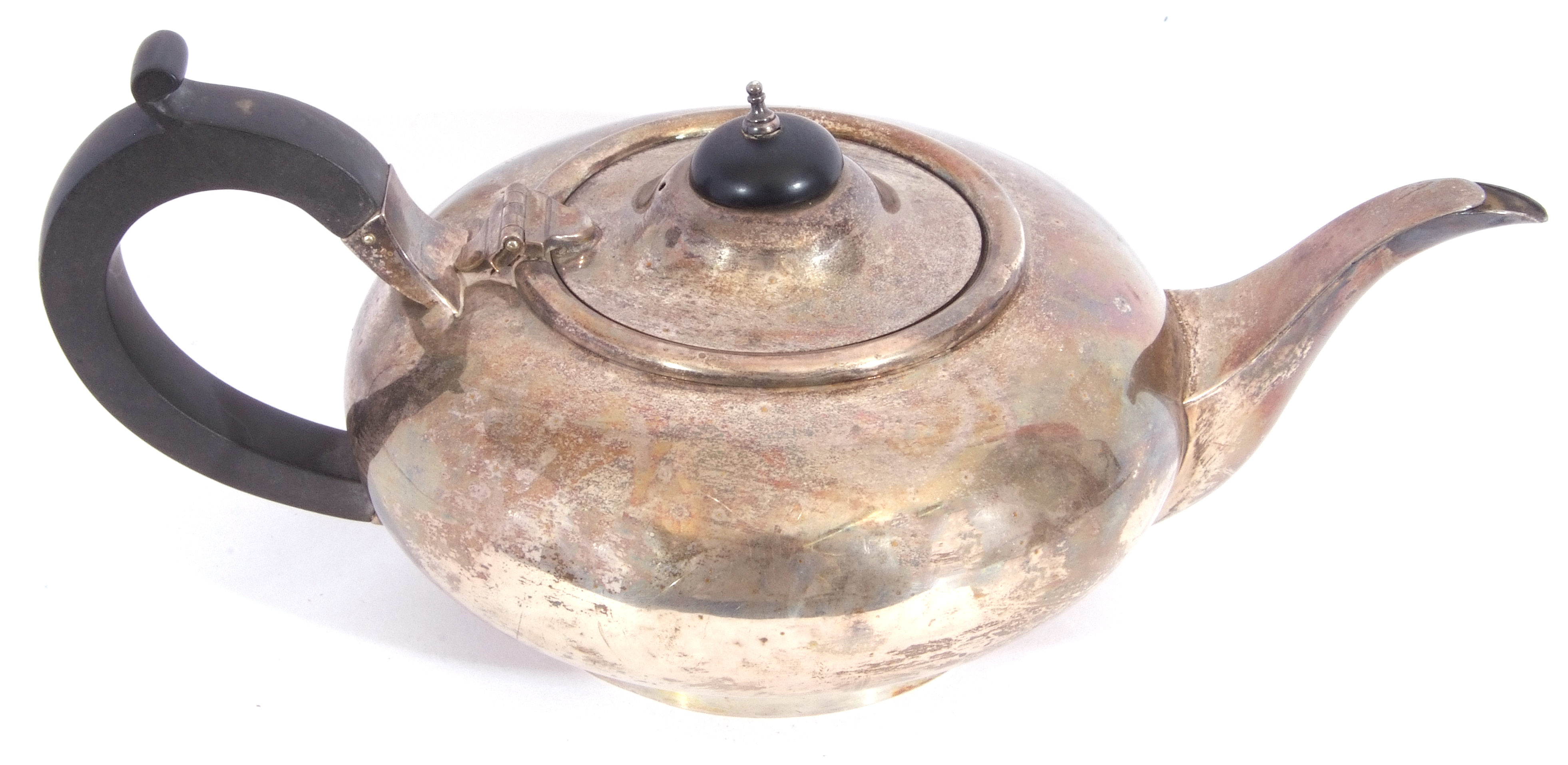 George V silver tea pot of compressed circular form on a spreading foot, ebonised and urn finial, - Image 2 of 3