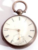 Second quarter of 19th century hallmarked silver cased pocket watch, having gold hands to a white