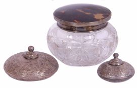 Mixed Lot: cut glass powder bowl with hallmarked silver and tortoiseshell inset push-on lid, 10cm