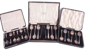 Three cased sets of silver coffee spoons viz set of six Hanoverian rat-tail spoons, Birmingham 1926,