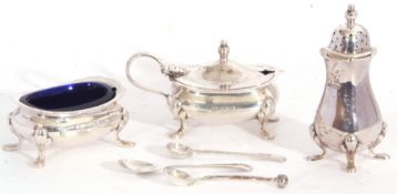 Elizabeth II three piece condiment set in Georgian style, comprising mustard and liner, salt and