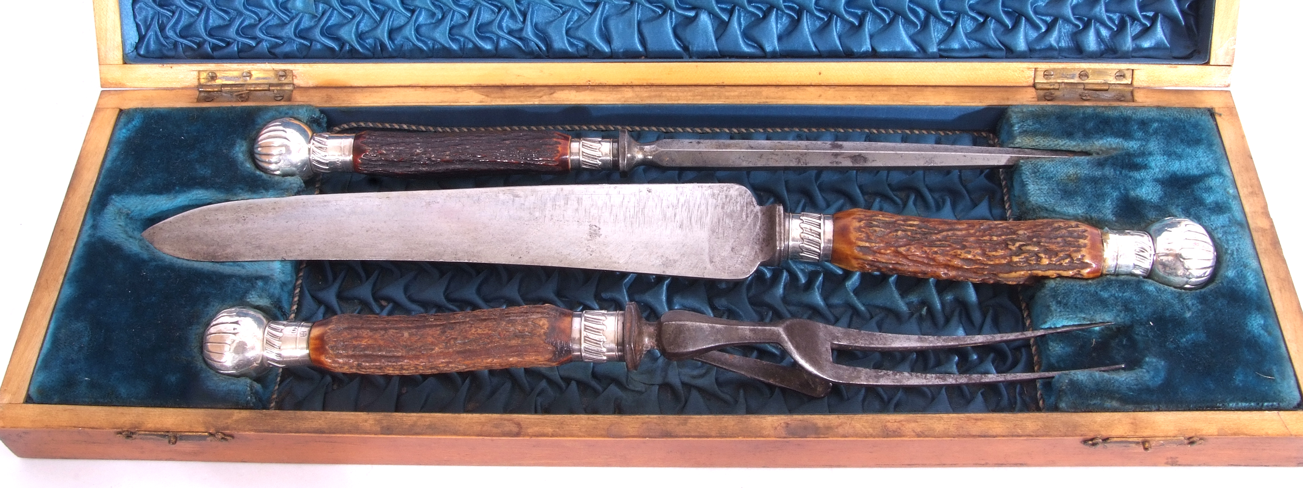 Cast Victorian three piece cased carving set with stag antler handles, silver mounts marked to - Image 2 of 3