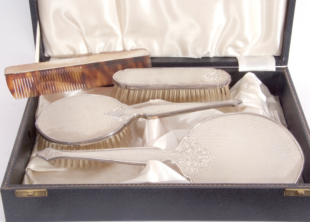 Good Elizabeth II black leather cased silver backed dressing table set, with engraved and engine - Image 3 of 4