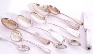 Mixed Lot: mainly silver flatwares including large pair of George IV Fiddle pattern table spoons,