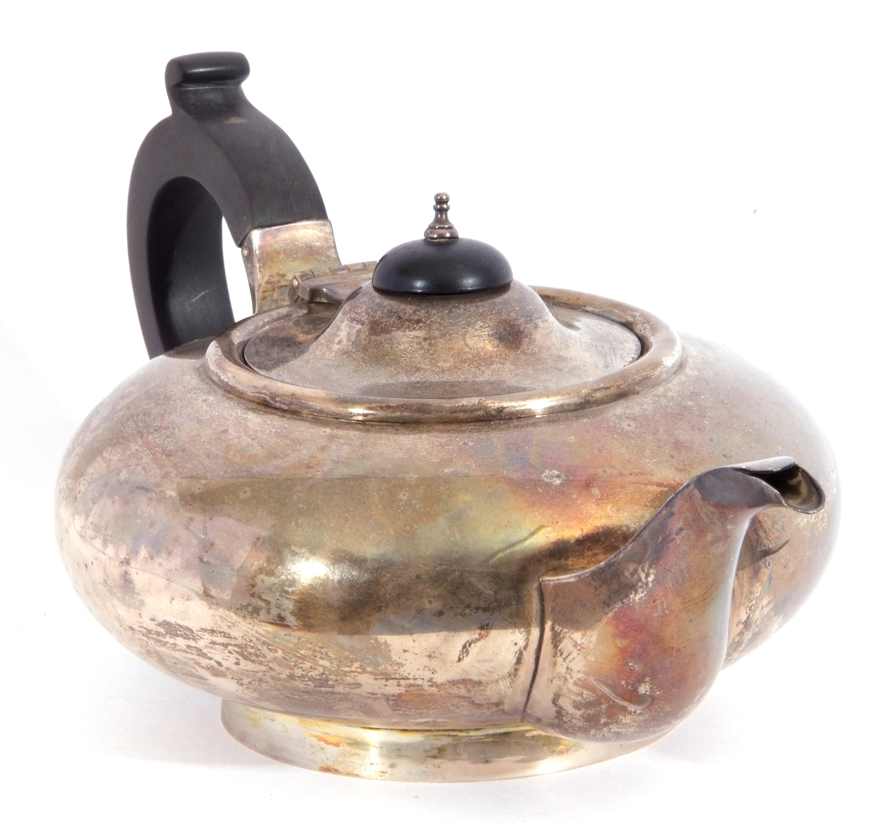 George V silver tea pot of compressed circular form on a spreading foot, ebonised and urn finial, - Image 3 of 3