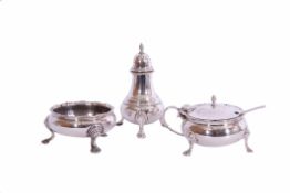 Mixed Lot: Georgian circular silver three footed open salt, Georgian style three footed pepper,