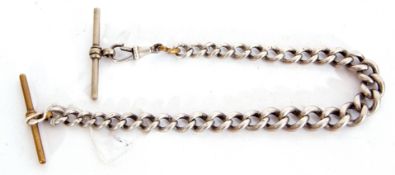 A vintage silver curb link watch chain, suspending two metal t bars, g/w 35gms