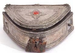 Middle Eastern white metal mounted leather patch box of demi-lune form with hinged cover and applied