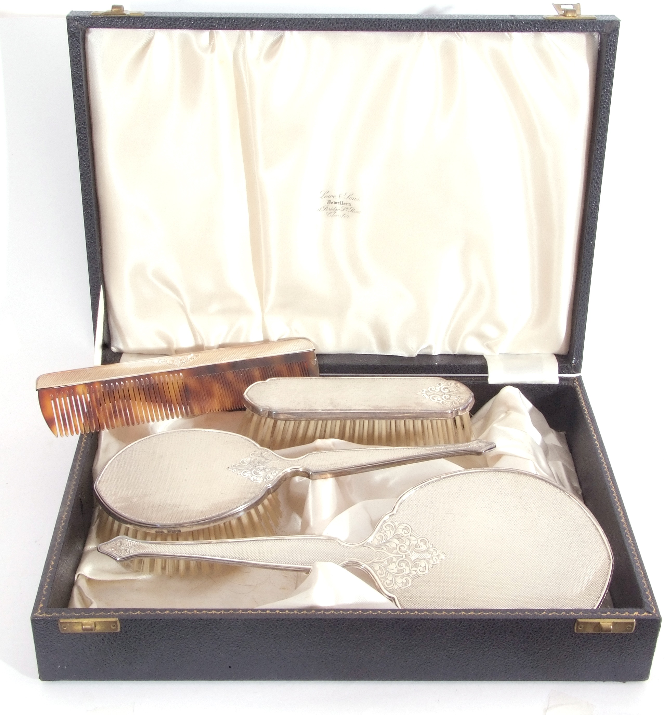 Good Elizabeth II black leather cased silver backed dressing table set, with engraved and engine - Image 2 of 4