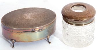 Mixed Lot: George V silver encased ring box, oval shaped with hinged engine turned lid, blue