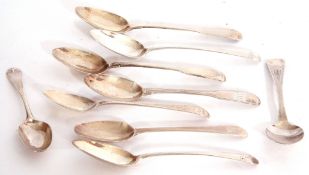 Collection of eight Georgian hallmarked silver tea spoons in various patterns and one other (9), g/w