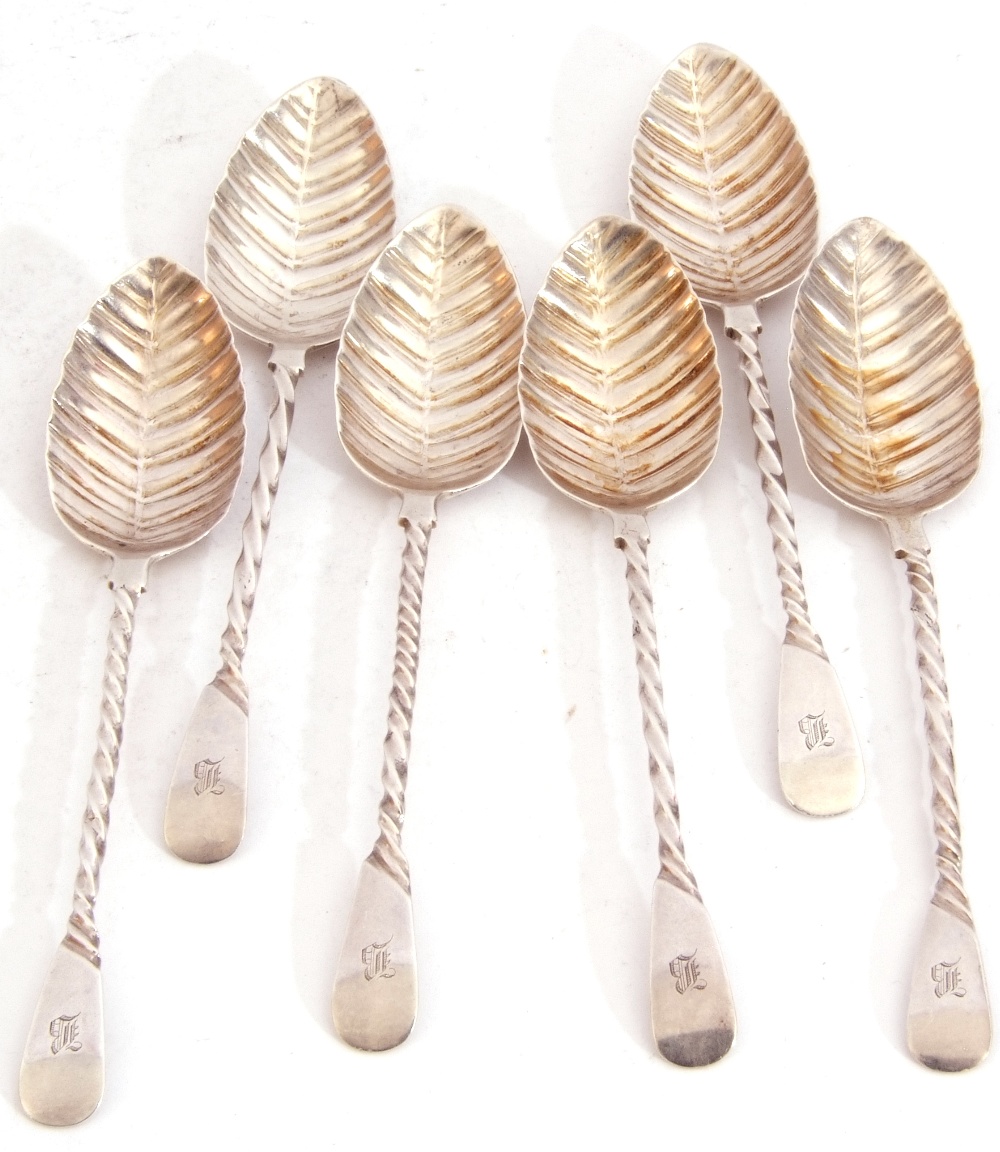 Set of six Victorian silver tea spoons, scalloped shell bowls and twisted stems, engraved "N", - Image 2 of 6