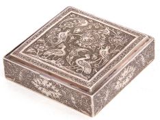 Antique Anglo-Indian white metal box, square formed, intricately hand chased with a combination of