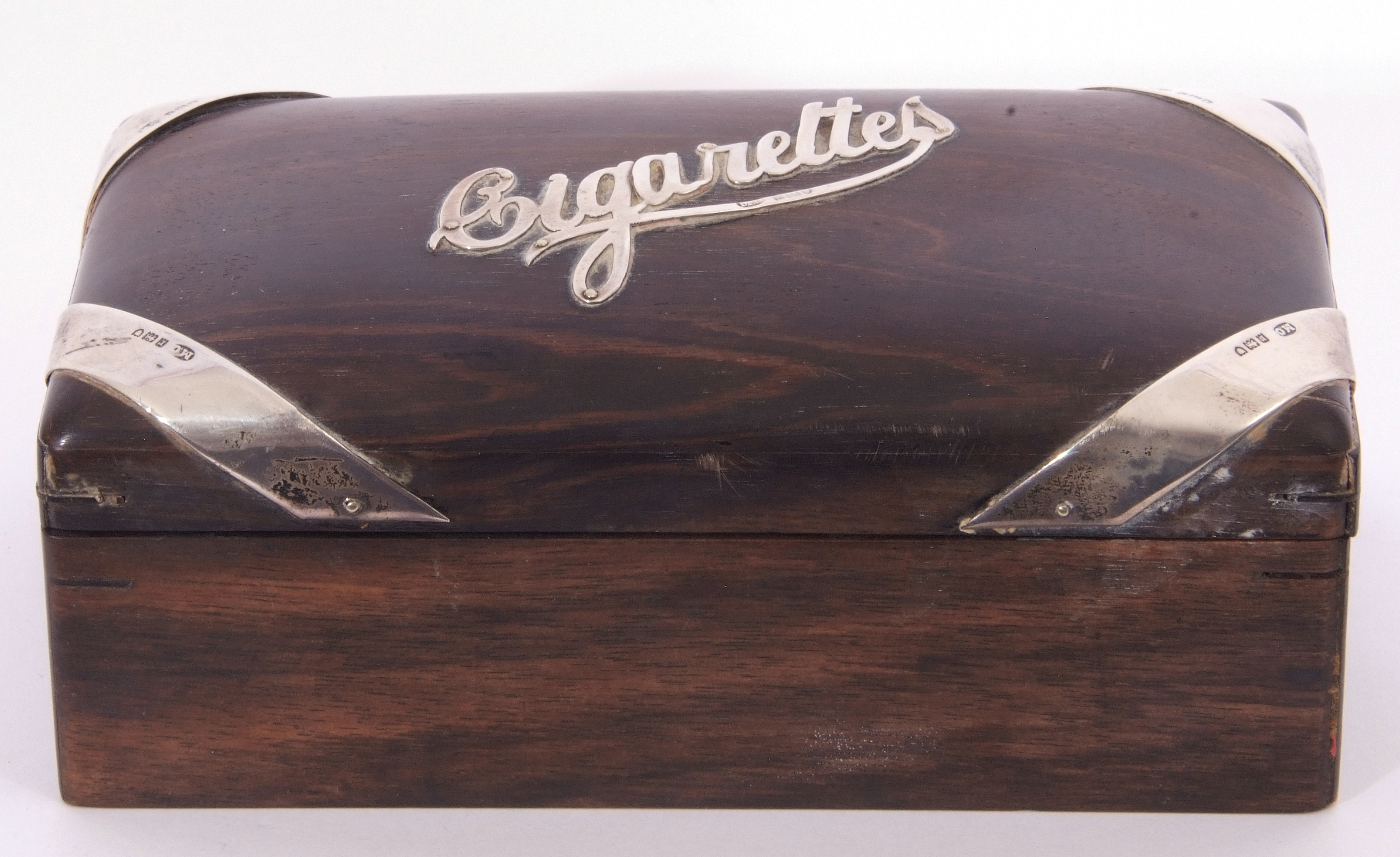 Hardwood and silver mounted table cigarette box of rectangular domed form, the centre applied with - Image 3 of 4