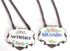 Small pair of Elizabeth II hallmarked silver and enamelled spirit labels of cartouche form, "Brandy"