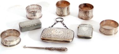 Mixed Lot: five assorted hallmarked napkin rings, a small rectangular snuff box with wriggle work