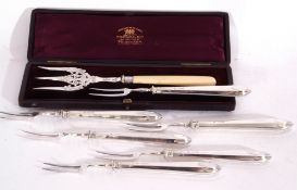 Mixed Lot: box containing six silver handled fruit forks with plated prongs, leather cased bread