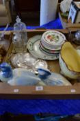 TRAY CONTAINING CERAMICS TO INCLUDE SILVER PLATED TRAY, GLASS BOTTLE AND STOPPER ETC