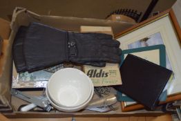 BOX OF SUNDRIES TO INCLUDE FRAMED KEITH JOHNSON PRINT, WADDINGTONS LEATHER GLOVES ETC