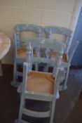 SIX OVERPAINTED BLUE DINING CHAIRS, 91CM HIGH