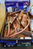 WOODEN DRAWER CONTAINING LABORATORY GAS TUBES AND WOOD AND METAL STANDS