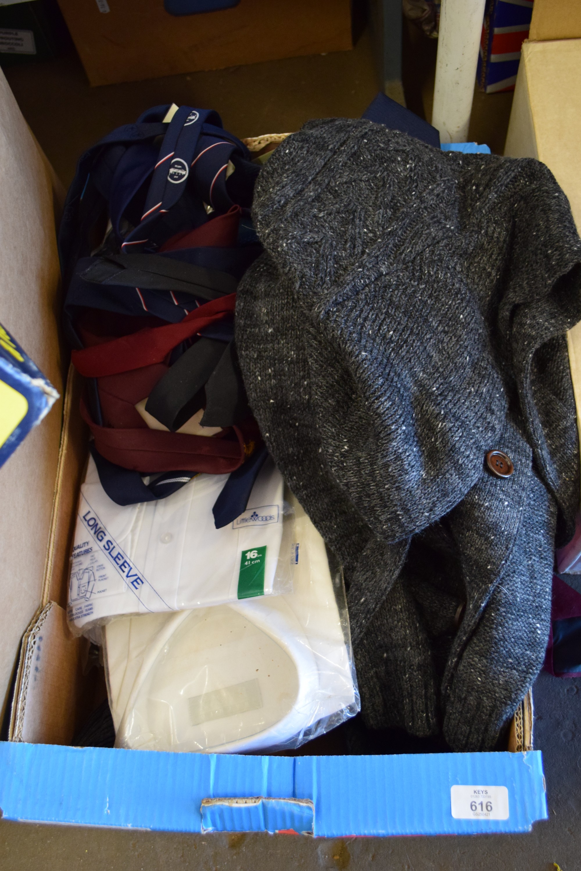 BOX OF VARIOUS MENS CLOTHING TO INCLUDE TIES, PACKAGED SHIRTS ETC