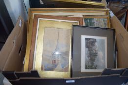 BOX OF FRAMED AND UNFRAMED PICTURES AND PRINTS TO INCLUDE BECCLES ON THE WAVENEY