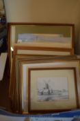 BOX OF FRAMED PICTURES AND PRINTS TO INCLUDE ST PETERS CHURCHYARD, SMALLBURGH ETC