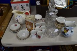 CERAMIC ITEMS, CUPS AND SAUCERS, TOGETHER WITH TWO GLASS DECANTERS