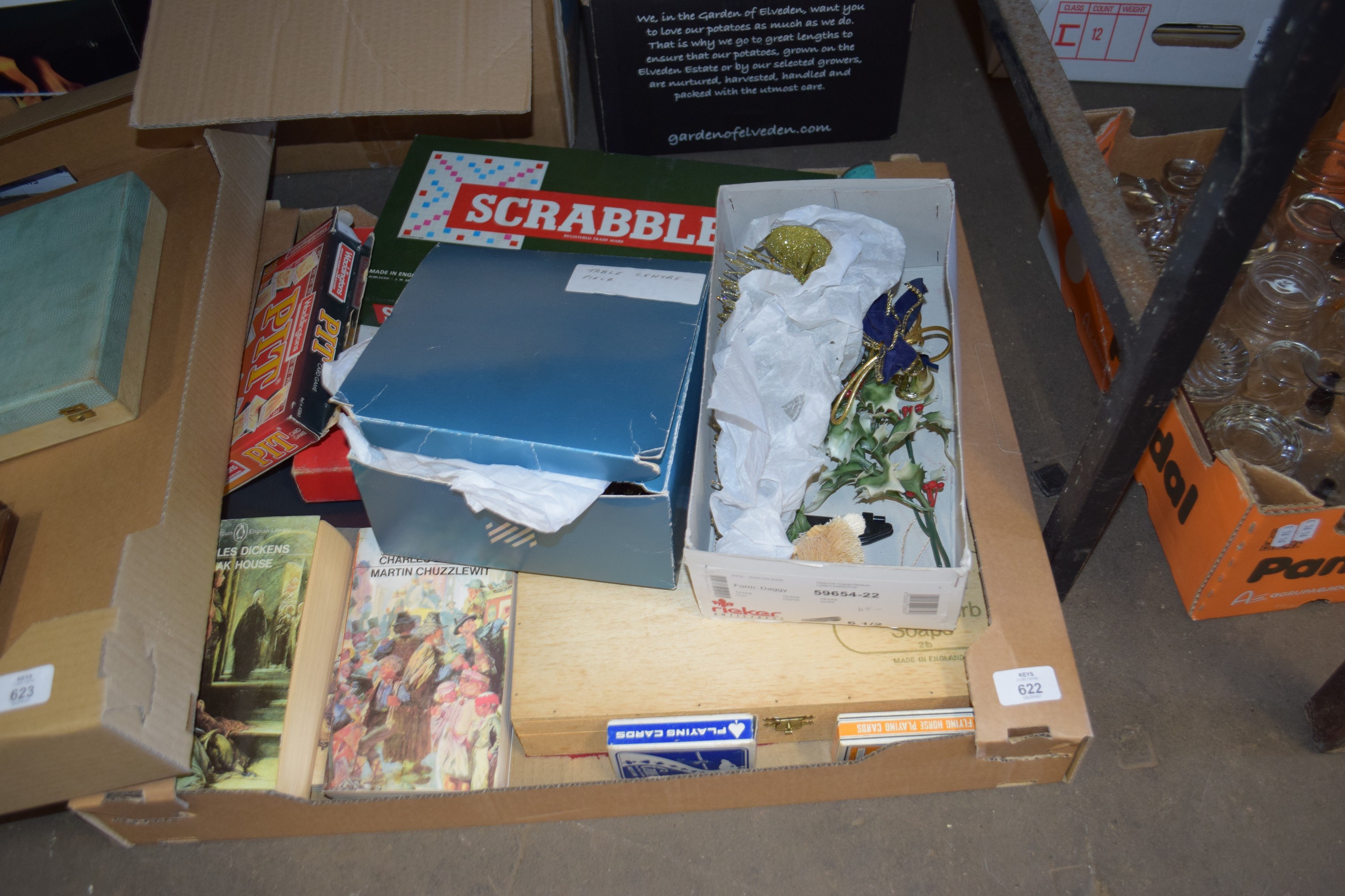 TRAY CONTAINING BOARD GAMES, SCRABBLE AND MONOPOLY, PAPERBACK BOOKS ETC