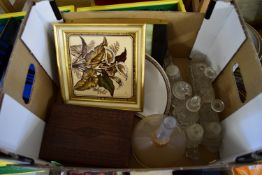 BOX CONTAINING GLASS CONDIMENTS, FRAMED TILE, POSSIBLY MINTON, ETC