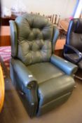 MODERN BUTTON BACK GREEN UPHOLSTERED RECLINING ARMCHAIR, 80CM HIGH