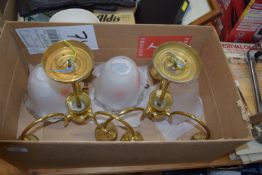BOX CONTAINING TWO BRASS LIGHTS AND ASSOCIATED GLASS SHADES