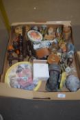 TRAY OF SUNDRIES, MAINLY CERAMIC FIGURES, WOODEN CANDLESTICK HOLDERS ETC