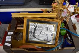 BOX CONTAINING FRAMED PRINT, FAKE FLOWERS ETC