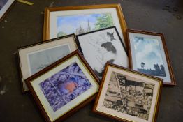 BOX CONTAINING FRAMED PICTURES AND PRINTS - WATERCOLOUR OF A CHURCH SIGNED LOWER LEFT E URQUHART