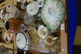 TRAY OF GLASS WARE AND CERAMICS TO INCLUDE UPPER HAINLEY POTTERY, TREEN AND COVER, WEDGWOOD BLUE AND