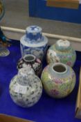 ORIENTAL CERAMICS, TWO GINGER JARS WITH POLYCHROME DESIGNS, BLUE AND WHITE JAR AND COVER ETC