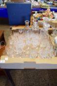 BOX CONTAINING CUT GLASS WARES, DECANTERS, WINE GLASSES, TUMBLERS ETC