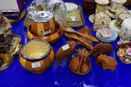 WOODEN ROSE BOWL WITH WIRE COVER AND WOODEN BISCUIT BARREL ETC