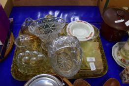 TRAY CONTAINING ONYX CIGARETTE BOX, GLASS JELLY MOULDS, VASES ETC