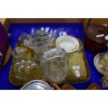 TRAY CONTAINING ONYX CIGARETTE BOX, GLASS JELLY MOULDS, VASES ETC