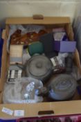 TRAY CONTAINING MAINLY METAL WARES, TEA POT X 2, CRYSTAL BELL ETC