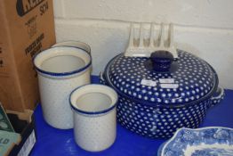 LARGE KITCHEN POTTERY DISH AND COVER WITH FURTHER JARS