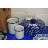 LARGE KITCHEN POTTERY DISH AND COVER WITH FURTHER JARS